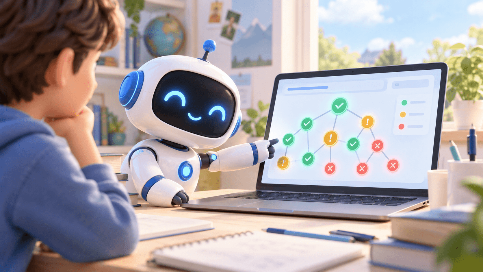 Robocik NexTutor przegląda mapę wiedzy ucznia