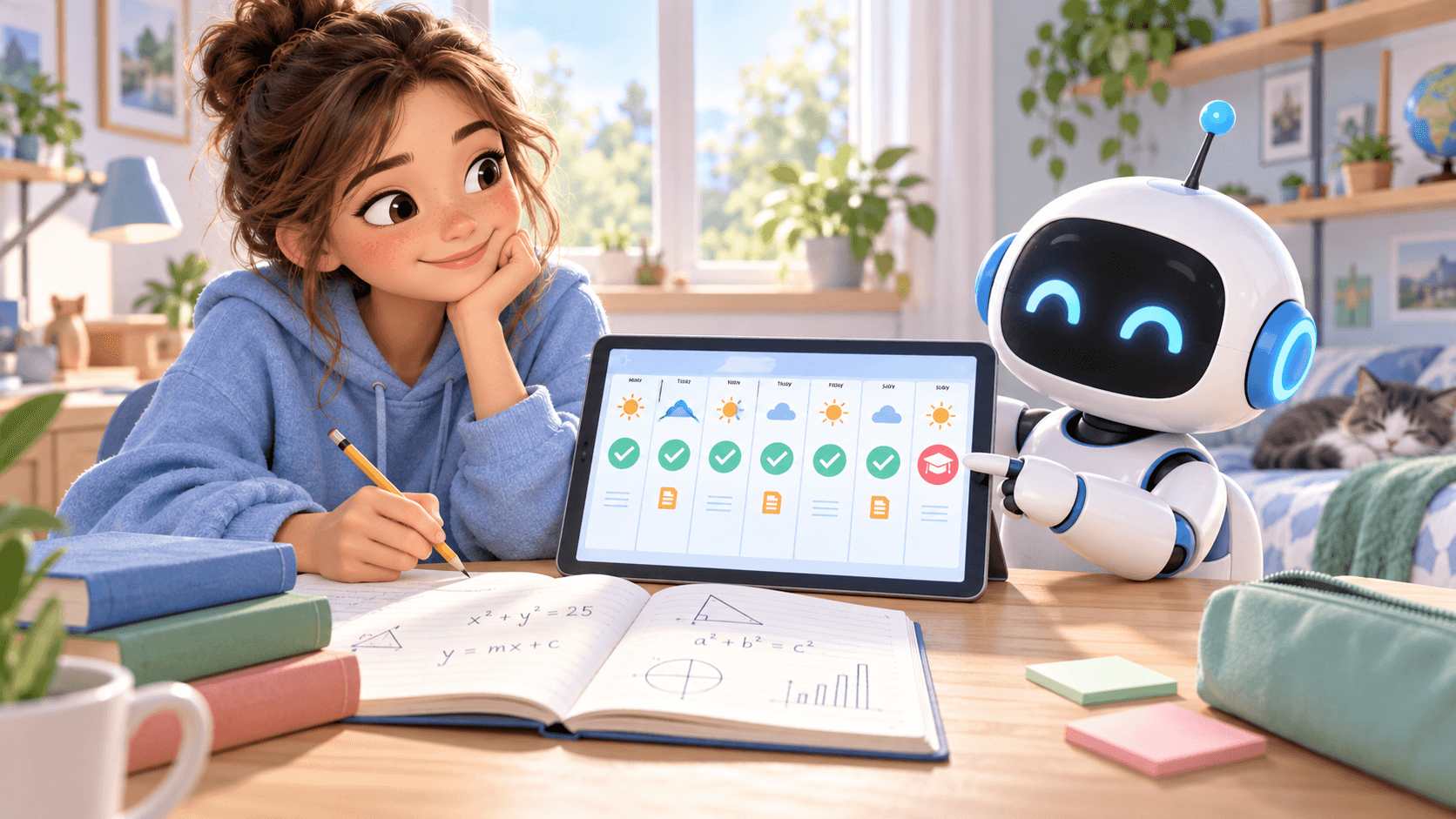 Uśmiechnięta uczennica i robocik NexTutor przy tygodniowym kalendarzu nauki