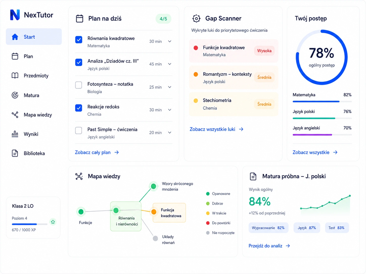 Pulpit NexTutor — plan nauki, Gap Scanner, mapa wiedzy, matura próbna