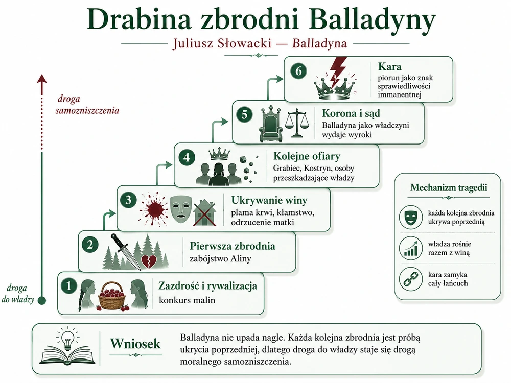 Drabina zbrodni Balladyny: od rywalizacji o maliny i zabójstwa Aliny, przez ukrywanie winy i kolejne ofiary, po koronę, sąd nad sobą i karę pioruna (sprawiedliwość immanentna)