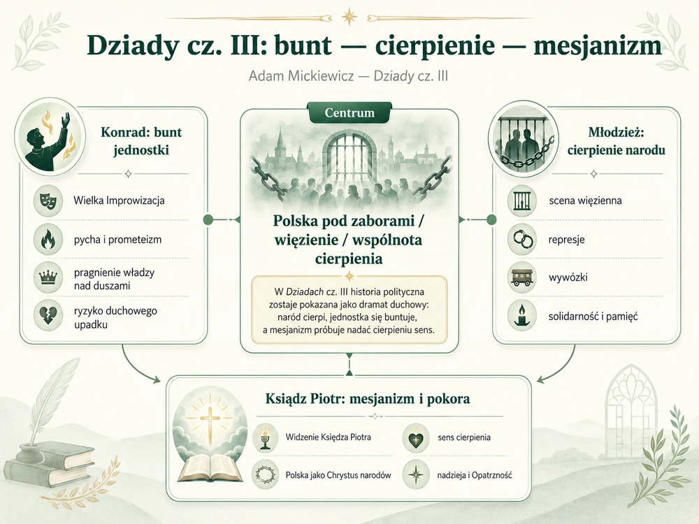 Dziady cz. III: w centrum Polska pod zaborami i więzienie; oś 1 — Konrad: bunt jednostki (Wielka Improwizacja, pycha, prometeizm); oś 2 — młodzież: cierpienie narodu (sceny więzienne, represje, wywózki); oś 3 — Ksiądz Piotr: mesjanizm i pokora (Widzenie, Polska Chrystusem narodów)