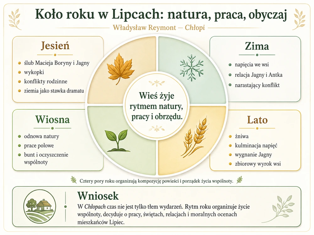 Koło roku w Lipcach: jesień (ślub, wykopki, konflikt o ziemię), zima (napięcia, Jagna i Antek), wiosna (odnowa, prace polowe, bunt), lato (żniwa, śmierć Macieja, wygnanie Jagny); w centrum: wieś żyje rytmem natury, pracy i obrzędu