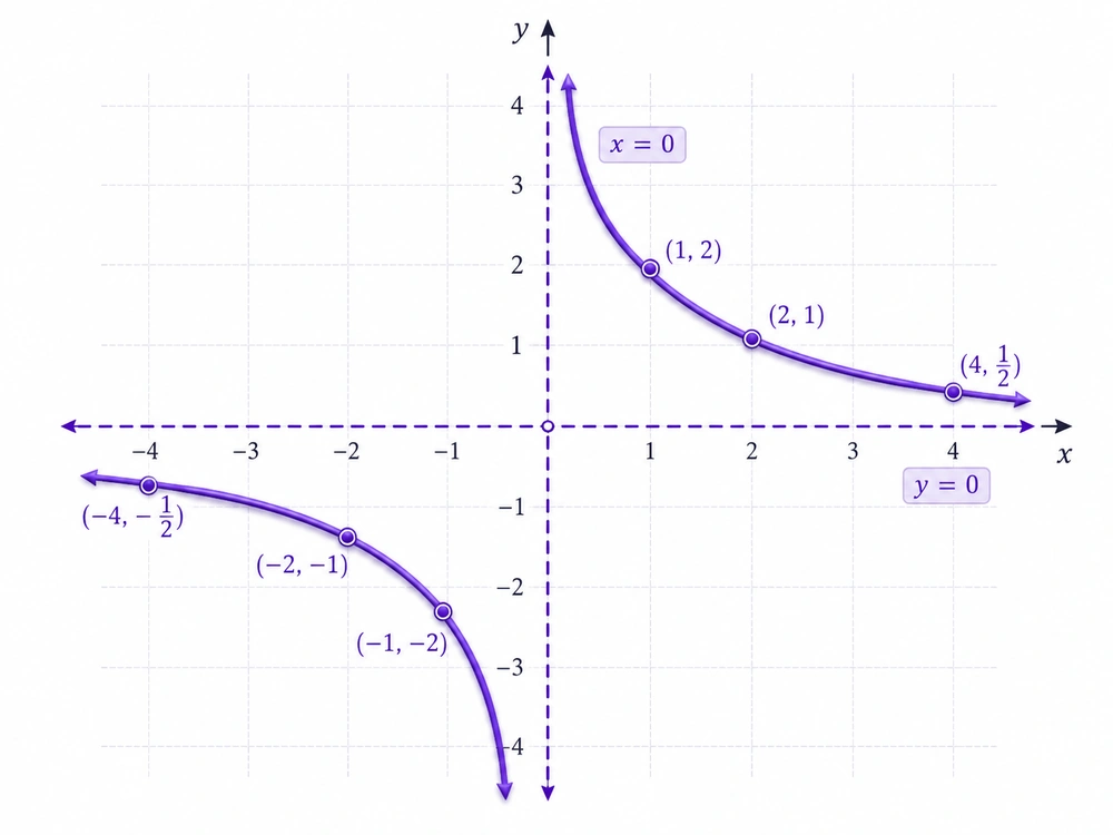 Wykres hiperboli f(x)=4/x z dwiema gałęziami w I i III ćwiartce oraz asymptotami x=0 i y=0