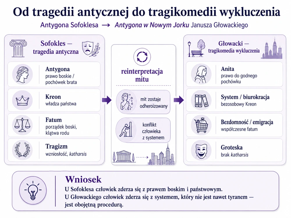 Od tragedii antycznej do tragikomedii wykluczenia: u Sofoklesa Antygona, Kreon, fatum i tragizm; u Głowackiego Anita, system/biurokracja, bezdomność i groteska — mit Antygony przepisany przez wykluczenie