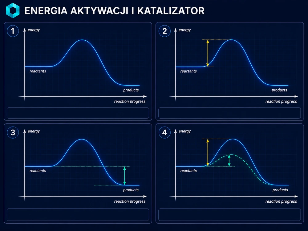 Energia aktywacji — jak katalizator przyspiesza reakcję? — storyboard krok po kroku