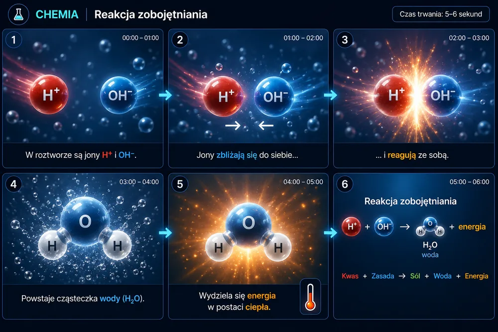 Reakcja zobojętniania — H⁺ + OH⁻ → H₂O — storyboard krok po kroku