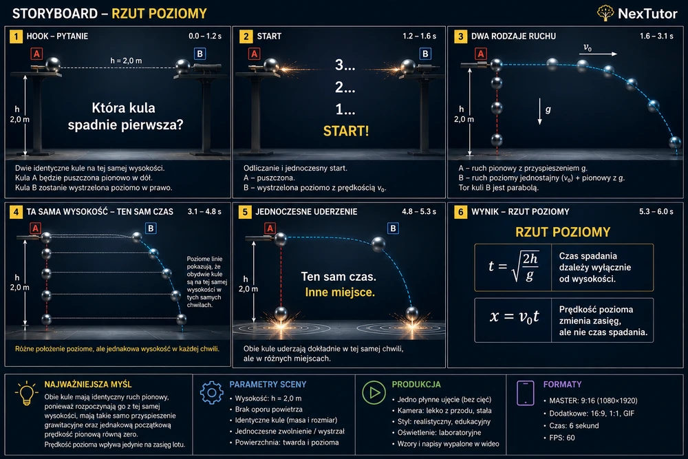 Rzut poziomy — dlaczego obie kule spadają w tym samym czasie? — storyboard krok po kroku