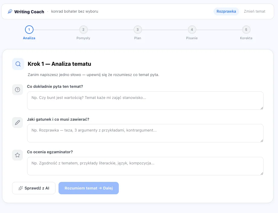 Writing Coach: krok 1 Analiza tematu w 5-etapowym procesie (Analiza → Pomysły → Plan → Pisanie → Korekta)