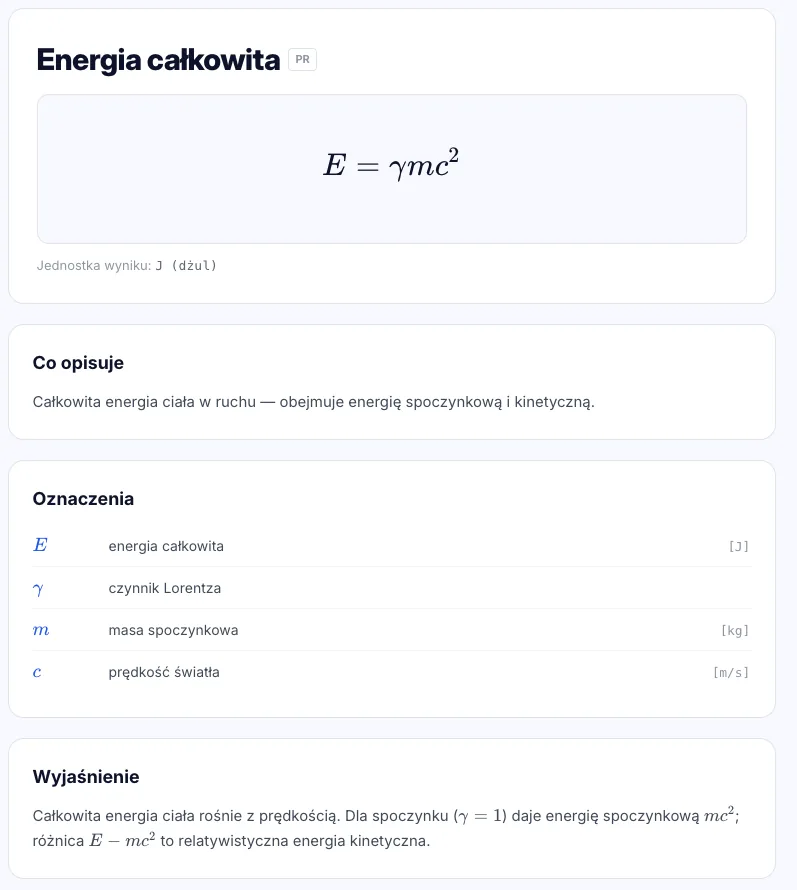Wzór na energię całkowitą E=γmc² z oznaczeniami (E, γ, m, c), jednostką i wyjaśnieniem